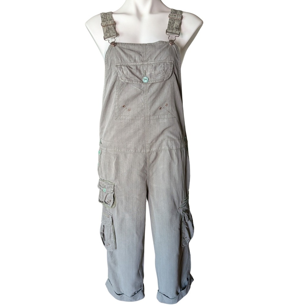 Da-Nang Cargo Overalls Women Large Olive Grey Paisley Embroidered Herringbone L‎
